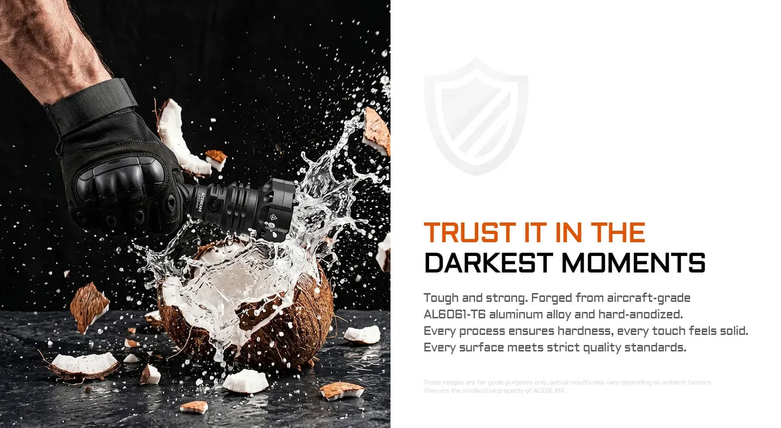 Acebeam P20 Mini flashlight being splashed by water from a broken coconut, highlighting its durable aircraft-grade aluminum.