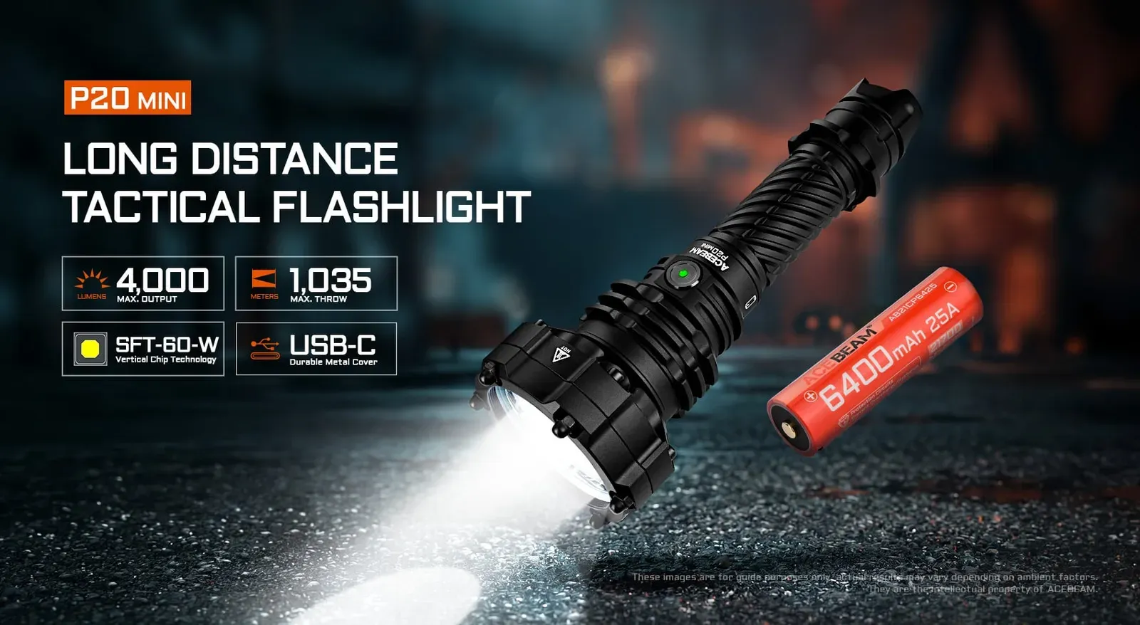 Acebeam P20 Mini tactical flashlight with 4000 lumens, 1035m throw, SFT-60-W LED, USB-C, and 6400mAh battery.