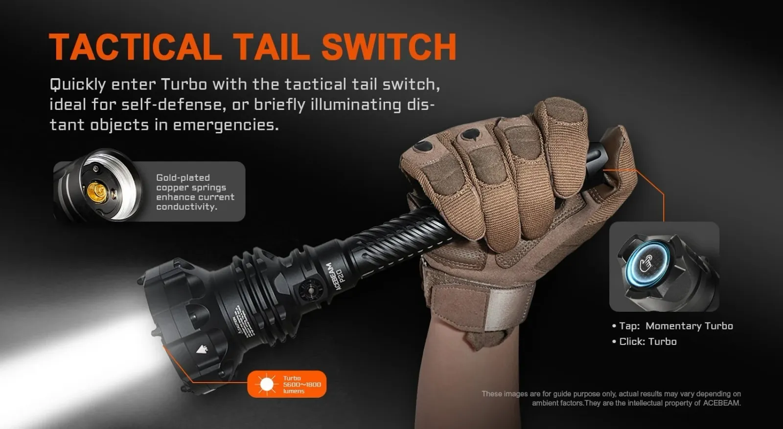 Hand holding the Acebeam P20 - 1454m 5600 Lumen Long-Range LED Thrower, demonstrating the tactical tail switch for instant Turbo.