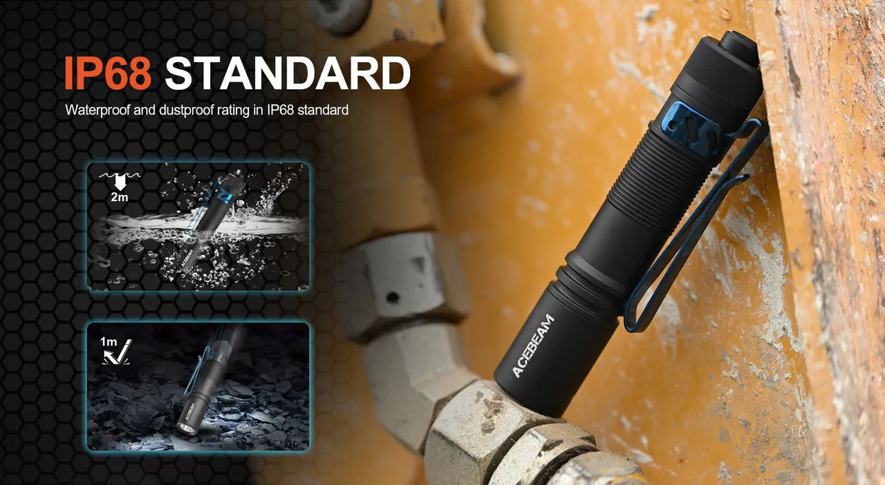 Acebeam Pokelit AA - Compact AA EDC Torch clipped to a pipe, demonstrating its IP68 waterproof and dustproof capabilities.