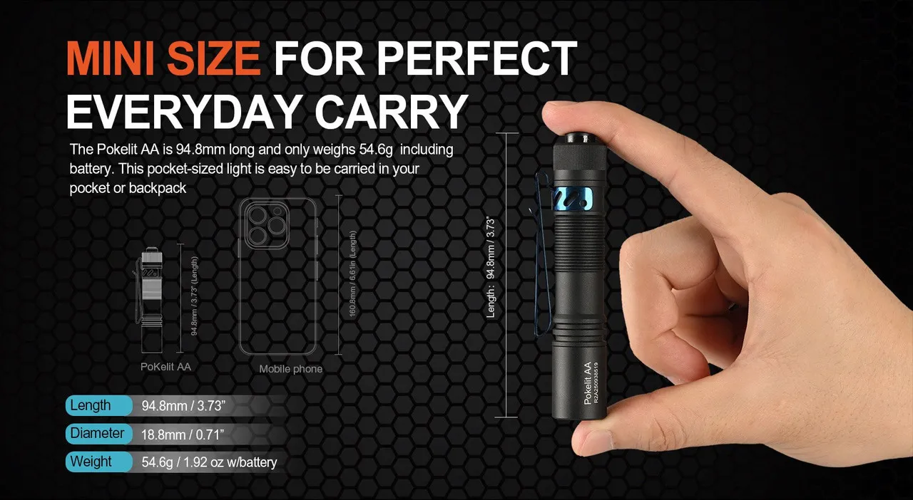 Acebeam Pokelit AA - Compact AA EDC Torch held in a hand next to a smartphone, showcasing its compact size for everyday carry.