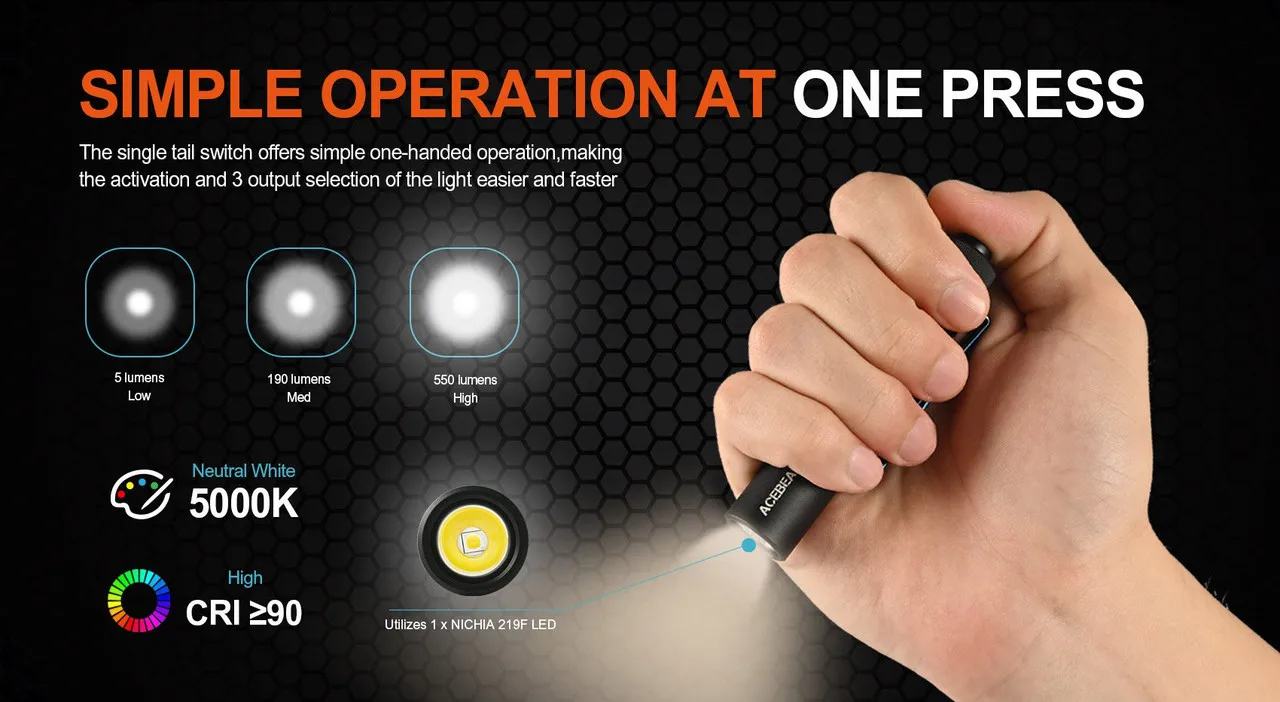 Hand holding the Acebeam Pokelit AA - Compact AA EDC Torch, illustrating its simple one-press operation and lumen modes.