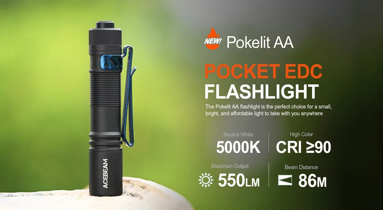 Acebeam Pokelit AA - Compact AA EDC Torch standing on a rock, highlighting its 550LM output and 86m beam distance.