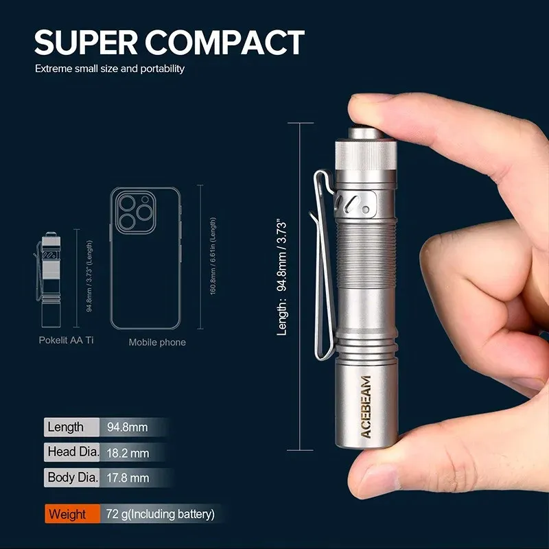 Acebeam Pokelit AA flashlight held by fingers next to a mobile phone, illustrating its super compact size.