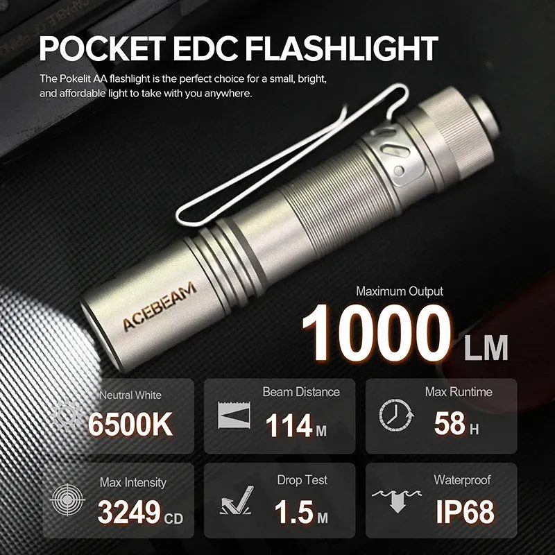 Acebeam Pokelit AA EDC flashlight displaying key specifications like 1000 lumens output, 6500K, and IP68 waterproof.