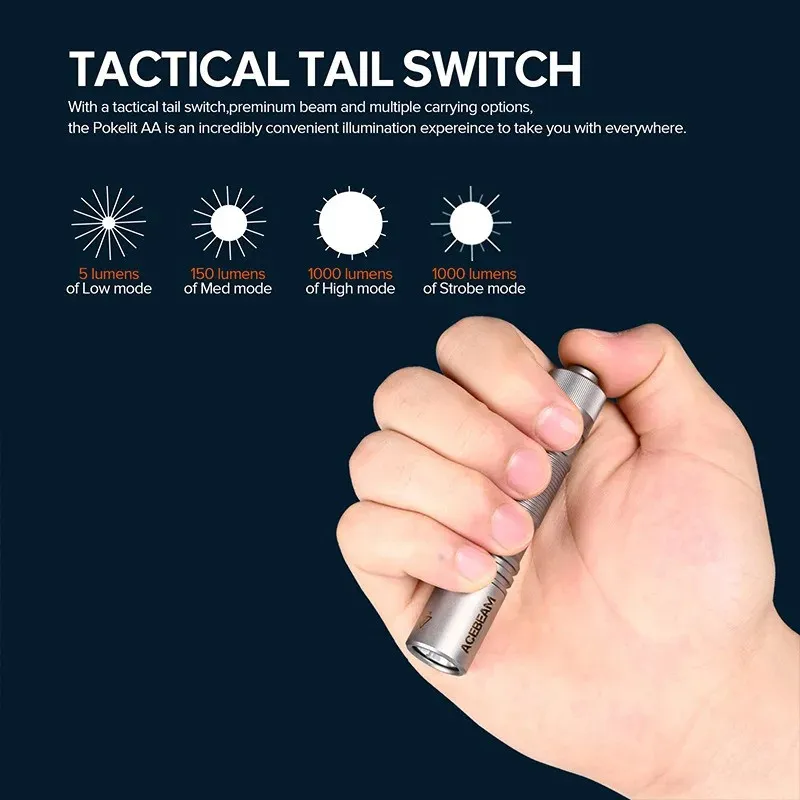 Hand pressing the Acebeam Pokelit AA flashlight's tactical tail switch, showing different lumen modes.