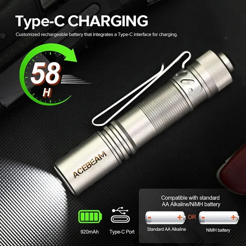Acebeam Pokelit AA flashlight with Type-C charging port and compatibility for AA Alkaline or NiMH batteries.