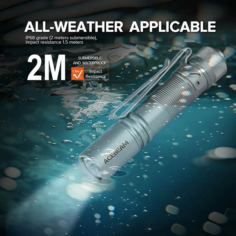 Acebeam Pokelit AA flashlight partially submerged in water, demonstrating its IP68 waterproof and impact resistance.