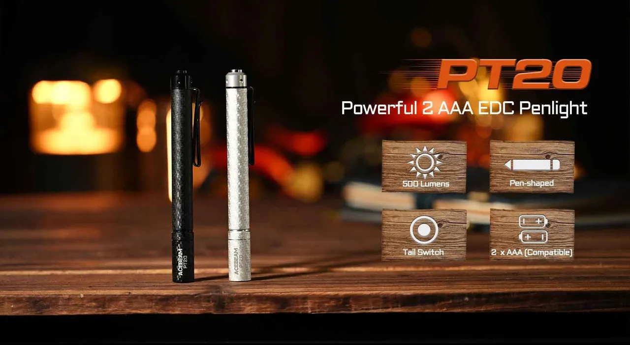 Acebeam PT20 penlight in black and silver, showcasing its 500 lumens, pen-shaped design, tail switch, and 2xAAA compatibility.