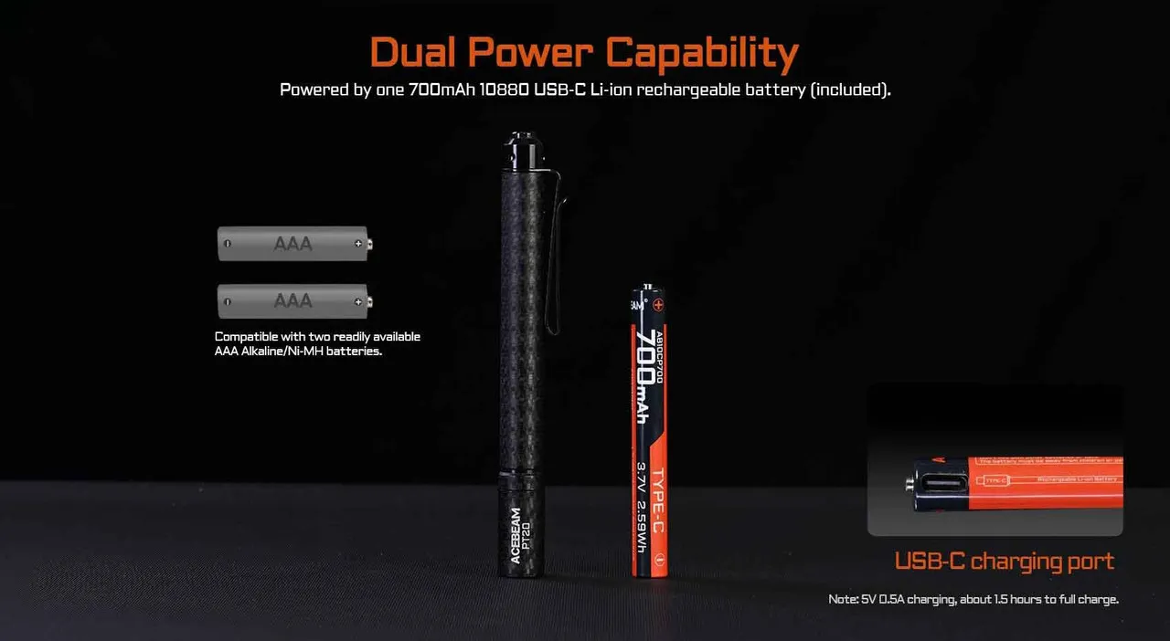 Acebeam PT20 penlight with dual power options: 2 AAA batteries or 700mAh 10880 USB-C rechargeable battery with charging port.