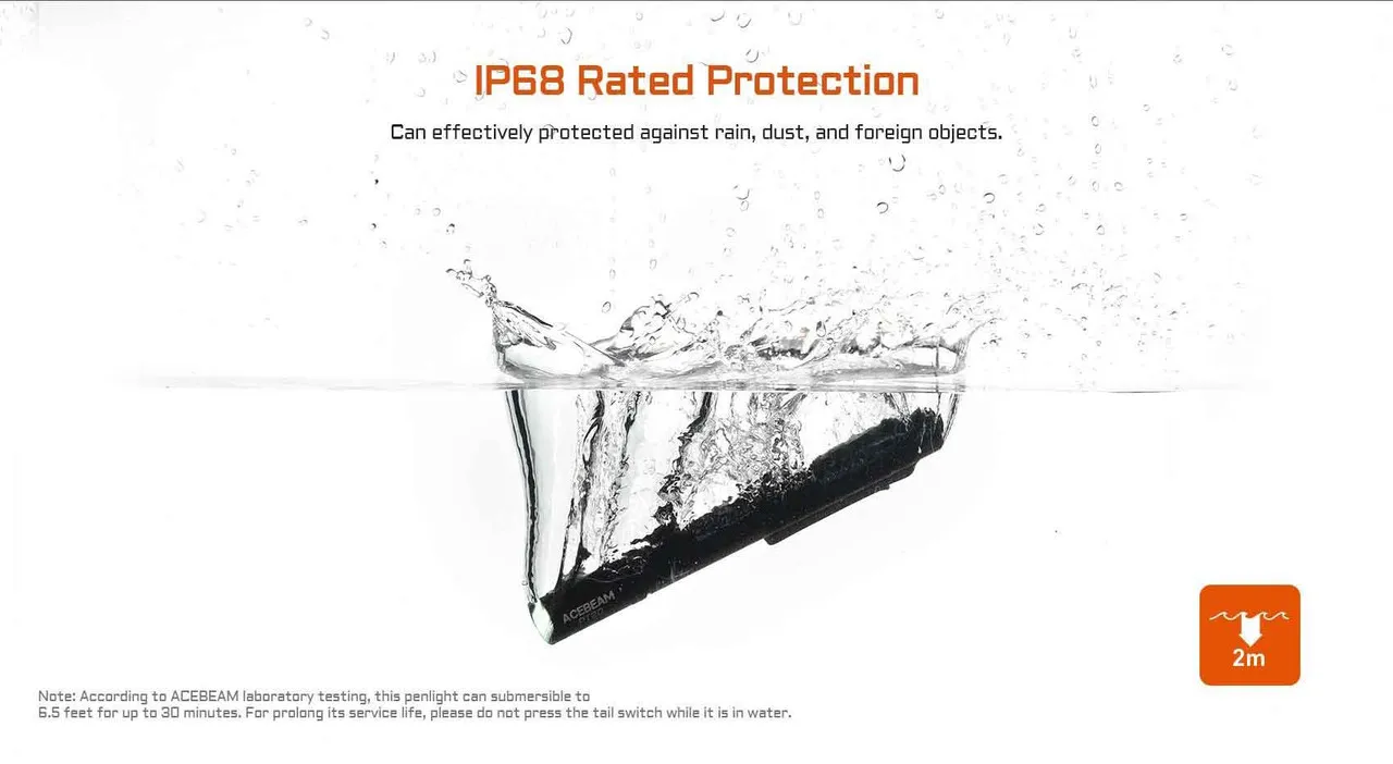 Acebeam PT20 penlight submerged in water, demonstrating its IP68 rated protection and 2m submersible capability.