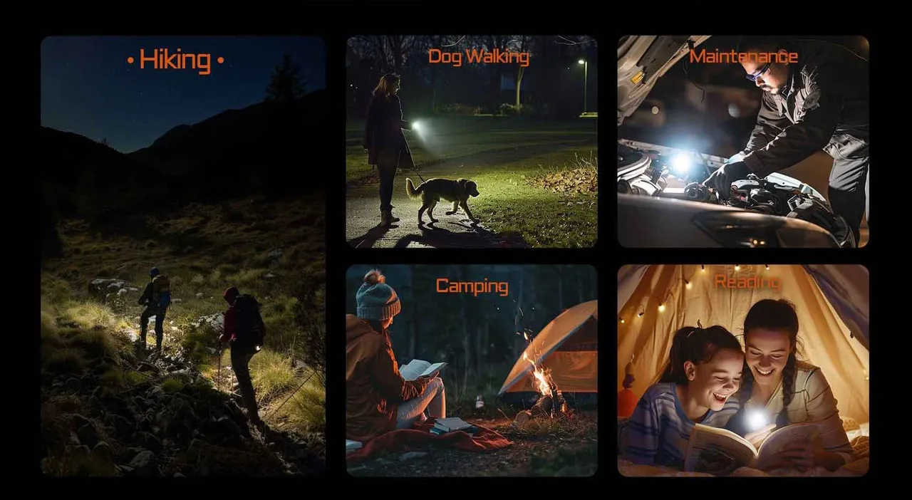 Collage of Acebeam PT20 penlight in various use cases: hiking, dog walking, maintenance, camping, and reading.