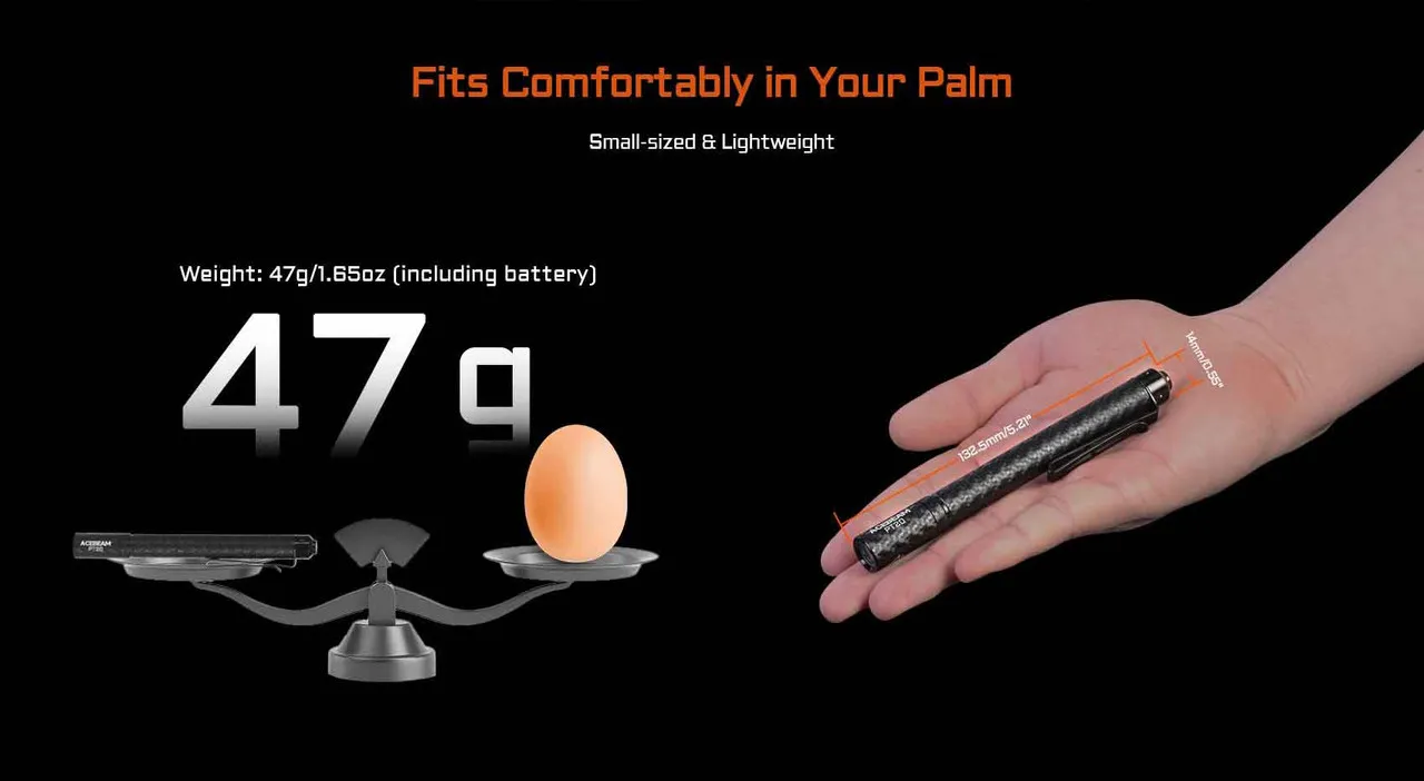 Acebeam PT20 penlight held in a hand, illustrating its compact size, 47g weight, and dimensions for portability.