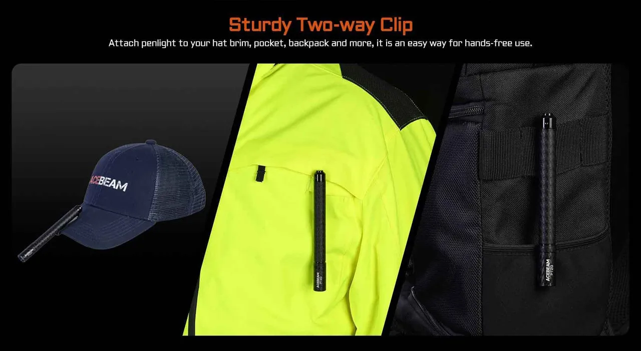 Acebeam PT20 penlight demonstrating its sturdy two-way clip, attached to a hat, jacket pocket, and backpack.