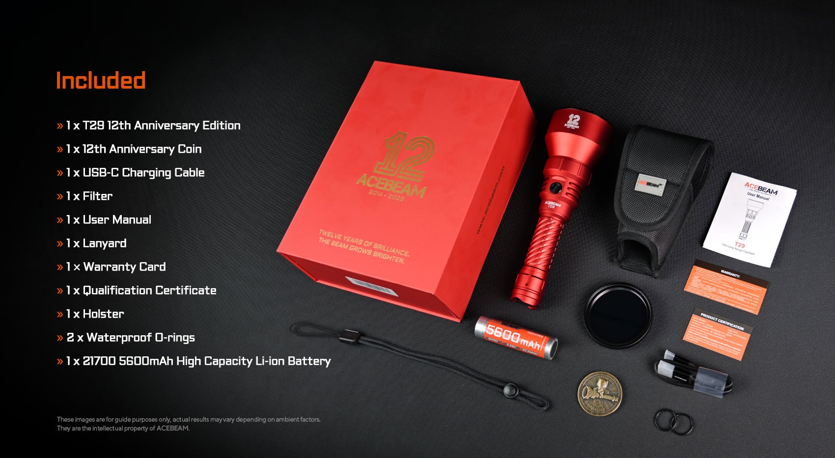 Acebeam T29 12th Anniversary Edition flashlight with included accessories: battery, charger, lanyard, holster, coin, manual, cards, o-rings, filter, and red gift box.
