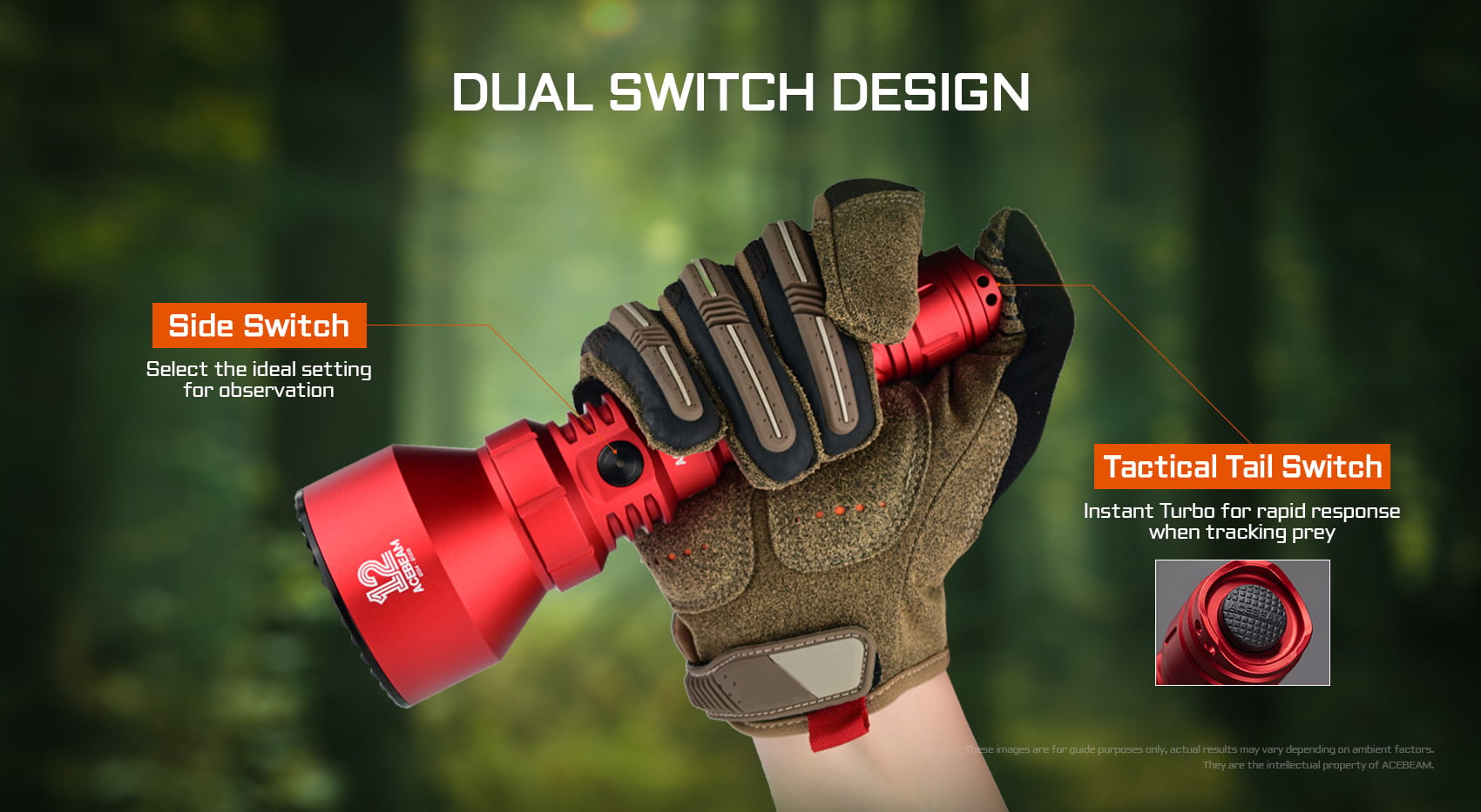Hand holding Acebeam T29 flashlight, highlighting the side switch for observation and tactical tail switch for turbo.