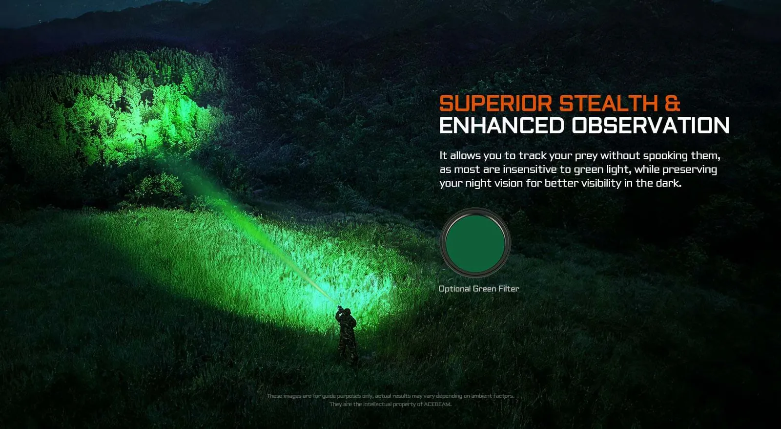 Acebeam T29 flashlight with an optional green filter illuminating trees in a field at night for stealth hunting.