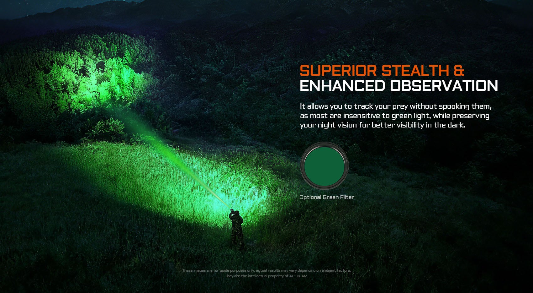 Acebeam T29 flashlight with an optional green filter illuminating a field for stealth observation.