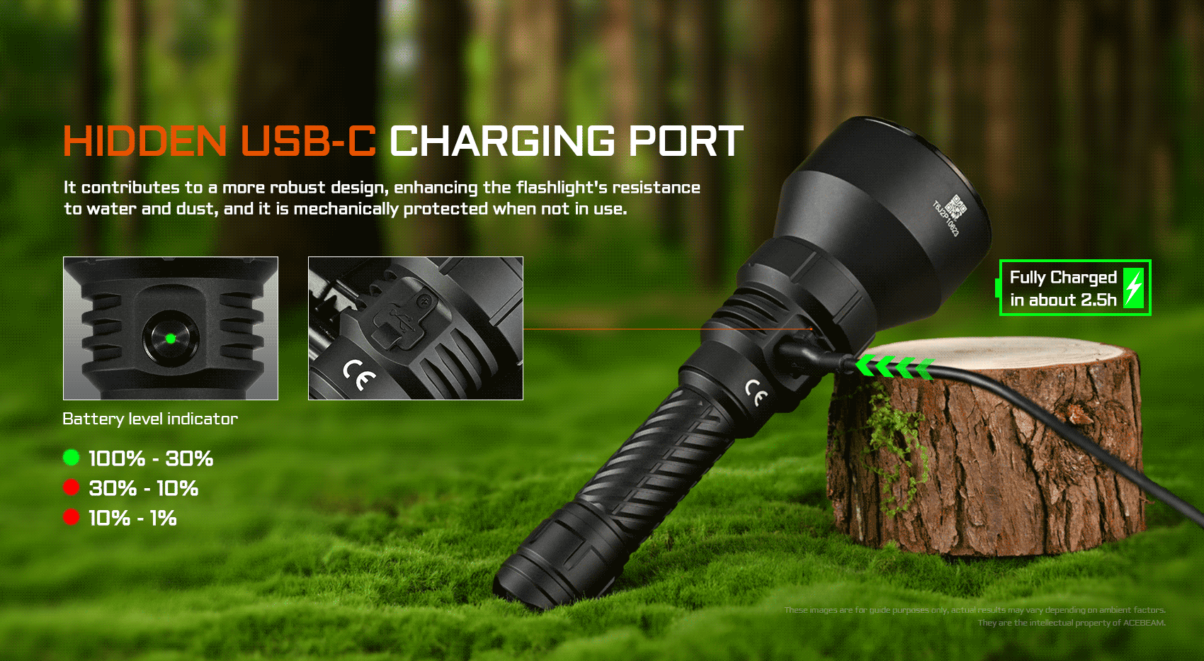 Acebeam T29 flashlight charging via its hidden USB-C port, showing battery level indicator and charge time.