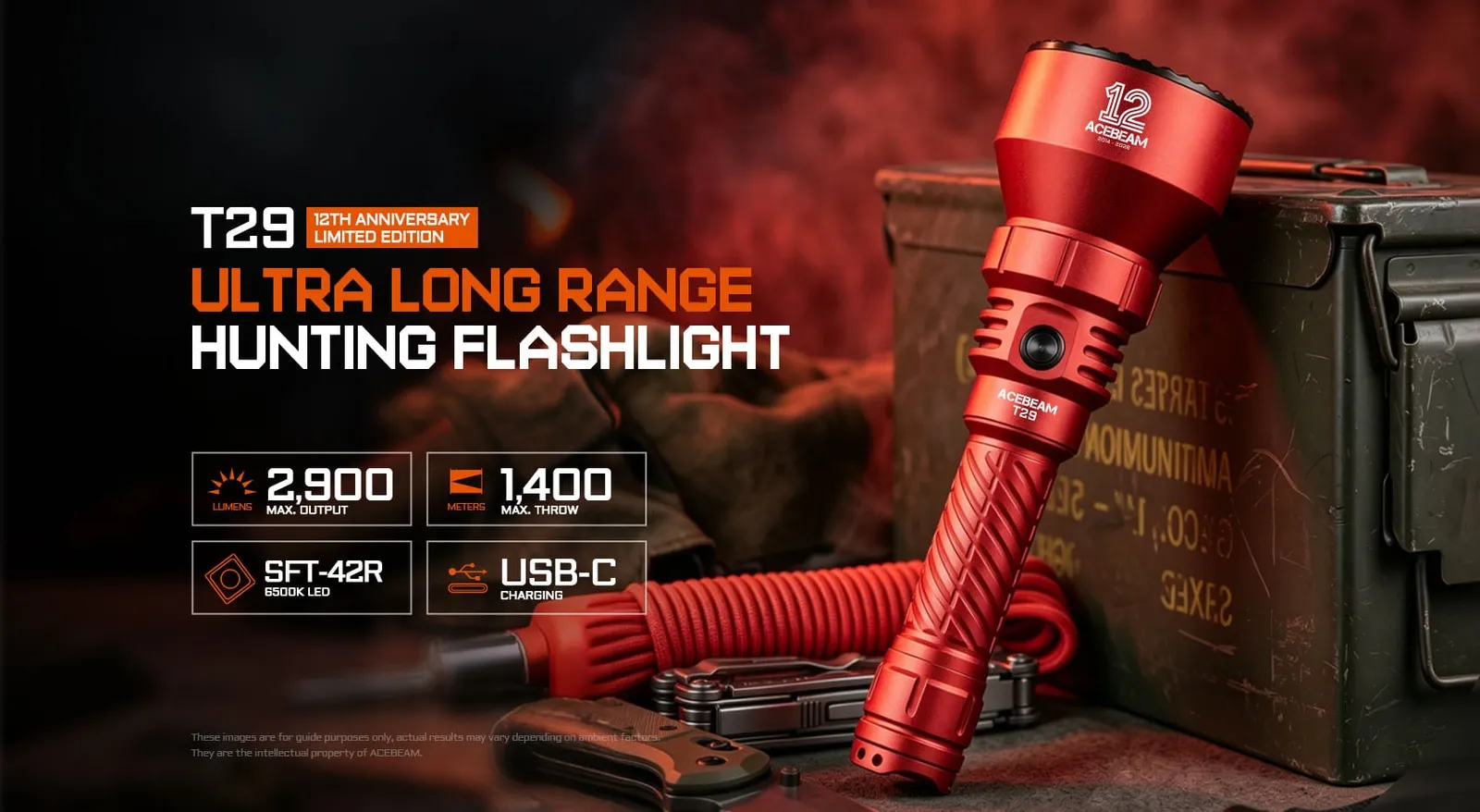 Acebeam T29 12th Anniversary Edition ultra long range red hunting flashlight with key features.