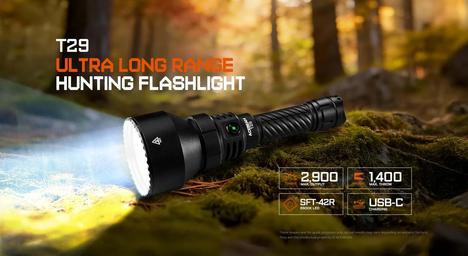 Acebeam T29 ultra long range hunting flashlight illuminating a forest floor, showing 2900 lumens and 1400m throw.