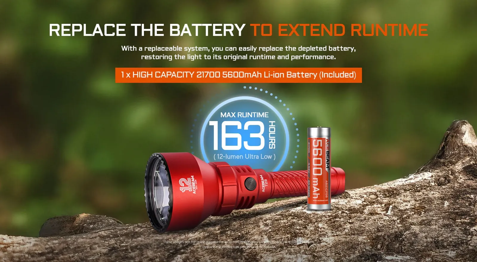 Acebeam T29 flashlight with a 21700 5600mAh battery, showing 163 hours max runtime.