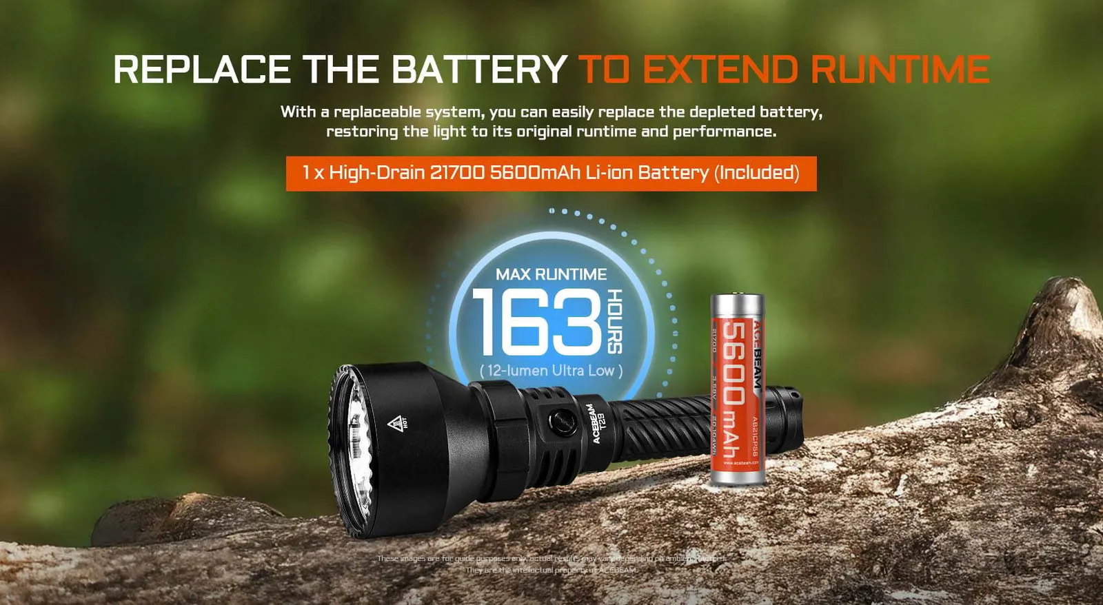 Acebeam T29 flashlight next to its included 21700 5600mAh Li-ion battery, showing 163 hours max runtime.