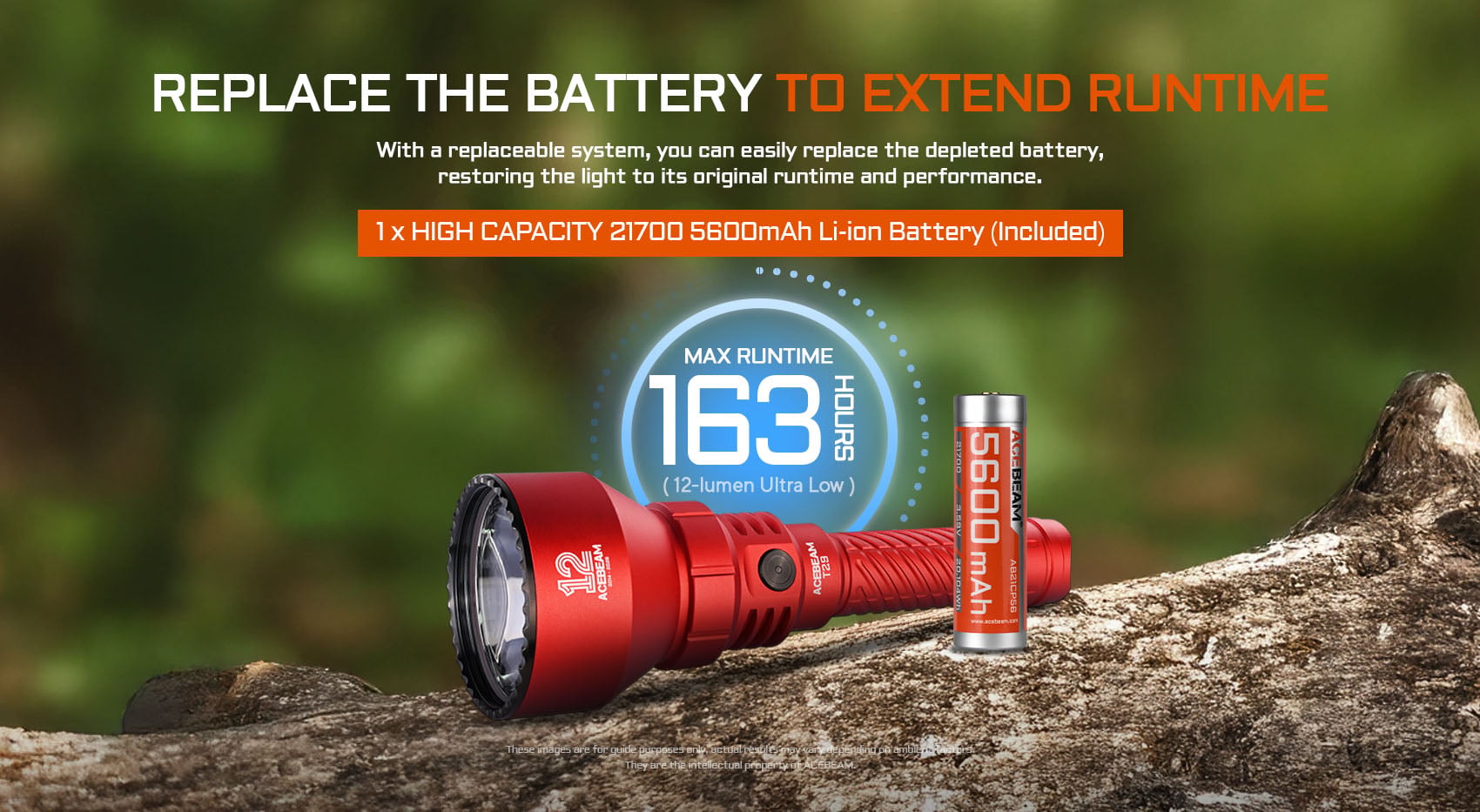 Acebeam T29 flashlight next to its 5600mAh Li-ion battery, highlighting 163 hours max runtime.