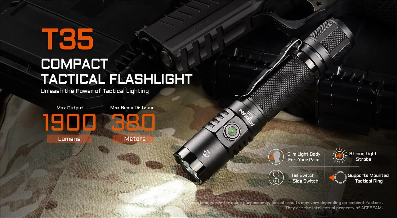 AceBeam T35 Compact 1900 lumen USB-C rechargeable tactical torch showing key features and specifications.