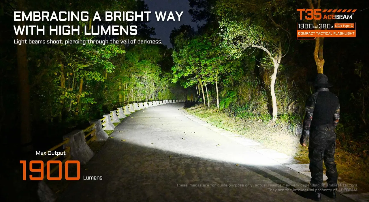 AceBeam T35 Compact 1900 lumen USB-C rechargeable tactical torch illuminating a dark forest road.