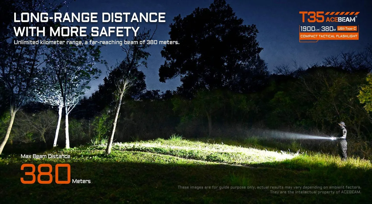 AceBeam T35 Compact 1900 lumen USB-C rechargeable tactical torch illuminating 380 meters across a field at night.