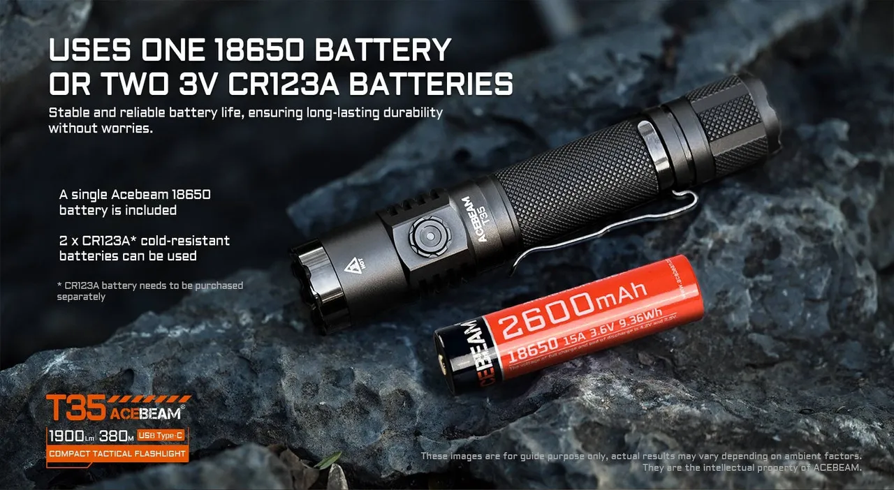 AceBeam T35 Compact 1900 lumen USB-C rechargeable tactical torch showing 18650 battery compatibility.