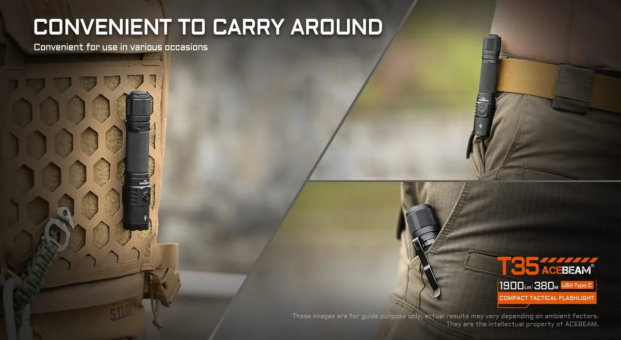 AceBeam T35 Compact 1900 lumen USB-C rechargeable tactical torch being carried on a backpack, belt, and pocket.