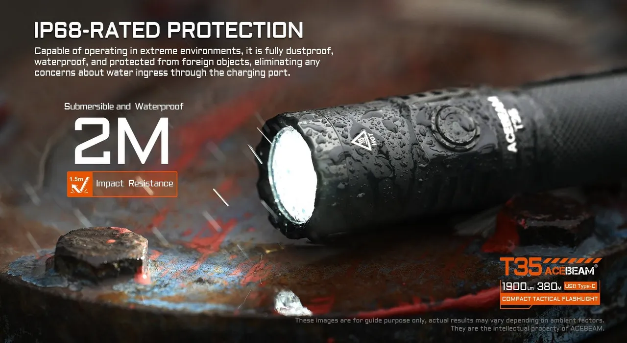 AceBeam T35 Compact 1900 lumen USB-C rechargeable tactical torch with IP68 waterproof and impact resistance.