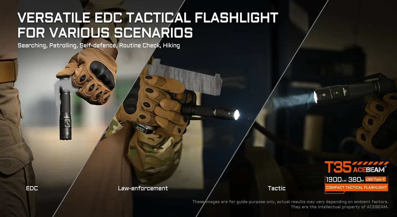AceBeam T35 Compact 1900 lumen USB-C rechargeable tactical torch used in EDC, law enforcement, and tactical scenarios.