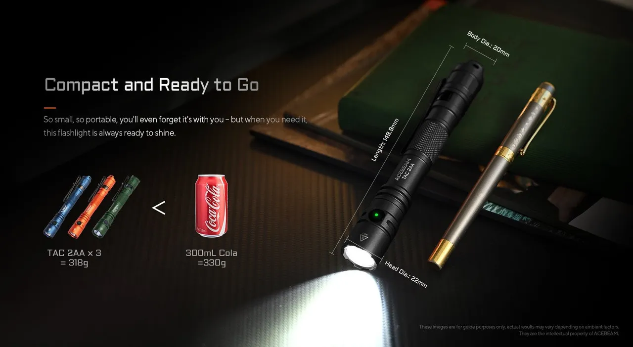 Acebeam TAC 2AA - 1400 Lumen AA Compact EDC Torch with dimensions and size comparison to a pen and soda can.