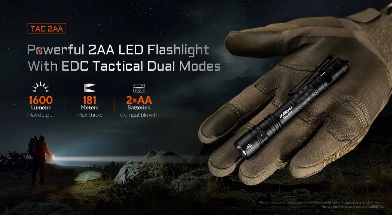 Acebeam TAC 2AA - 1400 Lumen AA Compact EDC Torch held in a gloved hand, showing its compact size and features.