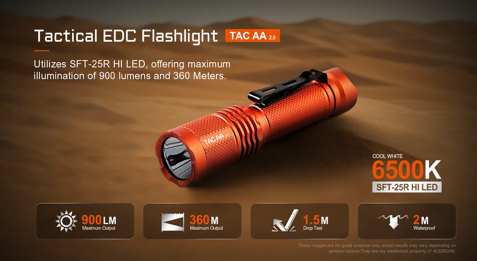 AceBeam TAC AA 2.0 Compact 1000 lumen EDC torch shown at an angle, highlighting 900 lumens, 360m throw, and 6500K cool white LED.