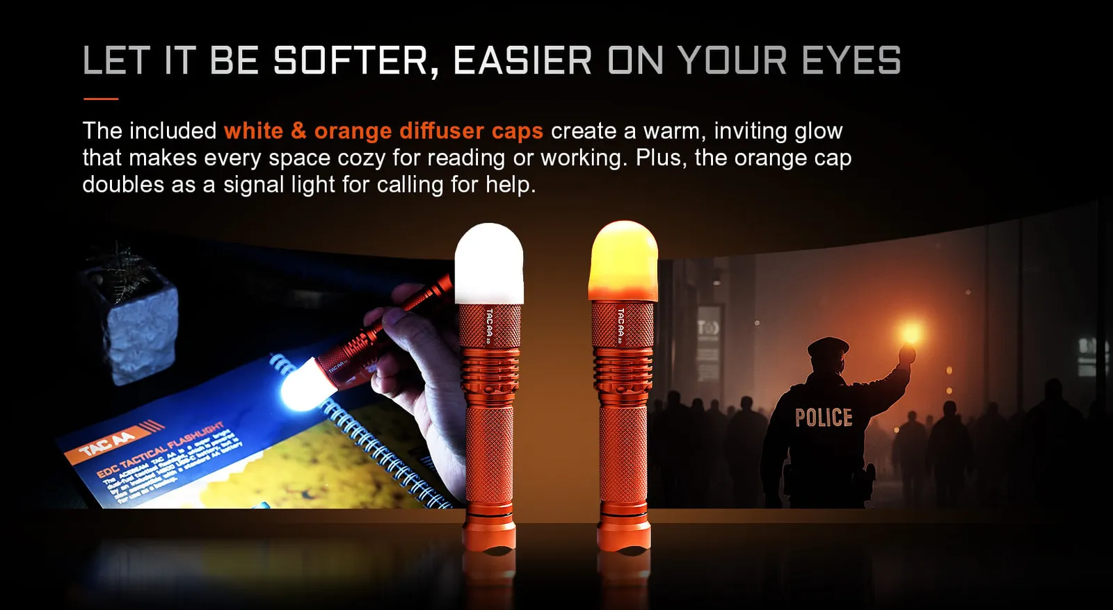 AceBeam TAC AA 2.0 Compact 1000 lumen EDC torch with white and orange diffuser caps, used for soft light and signaling.