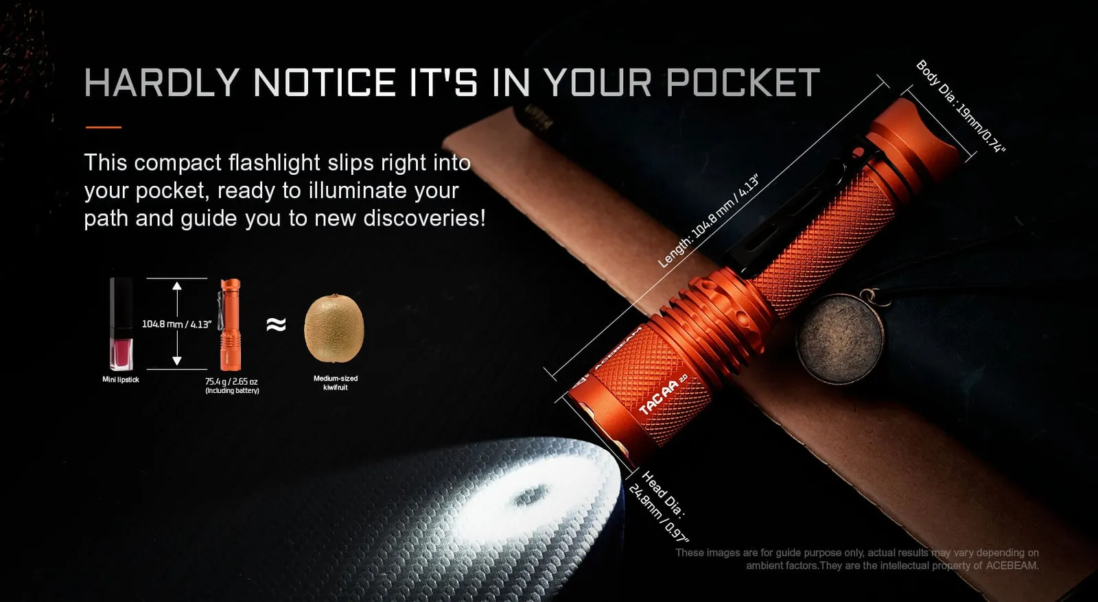 AceBeam TAC AA 2.0 Compact 1000 lumen EDC torch with dimensions and size comparison to lipstick and kiwi fruit.