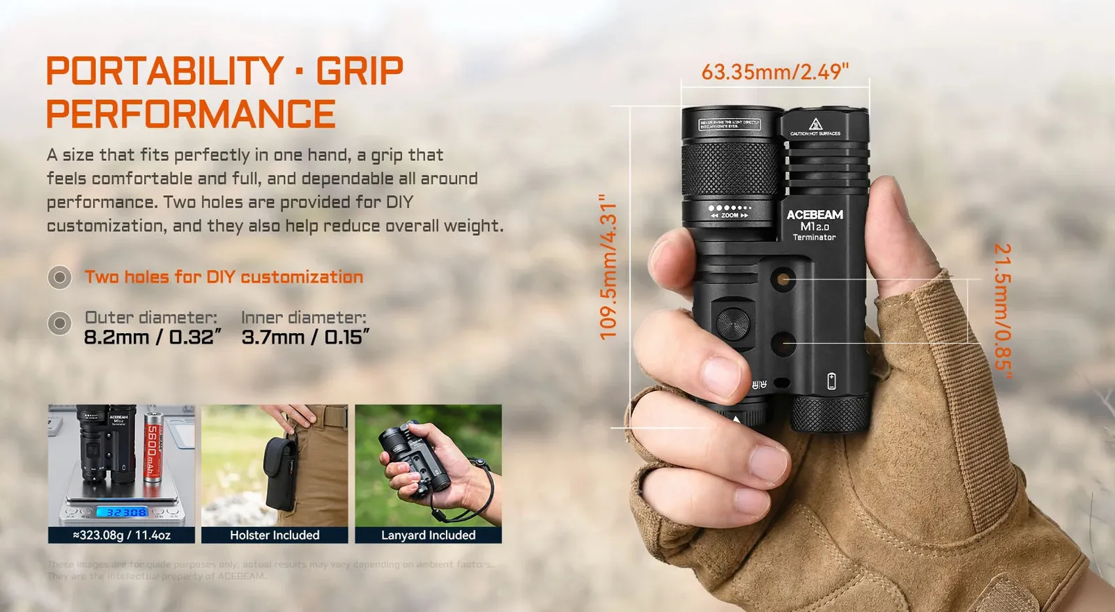 Acebeam Terminator M1 2.0 flashlight held in hand, showing dimensions, weight, and included holster and lanyard for portability.