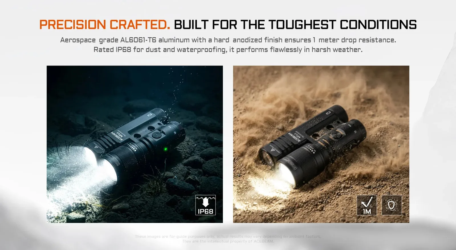 Acebeam Terminator M1 2.0 flashlight demonstrating IP68 waterproof rating underwater and 1-meter drop resistance in sand.