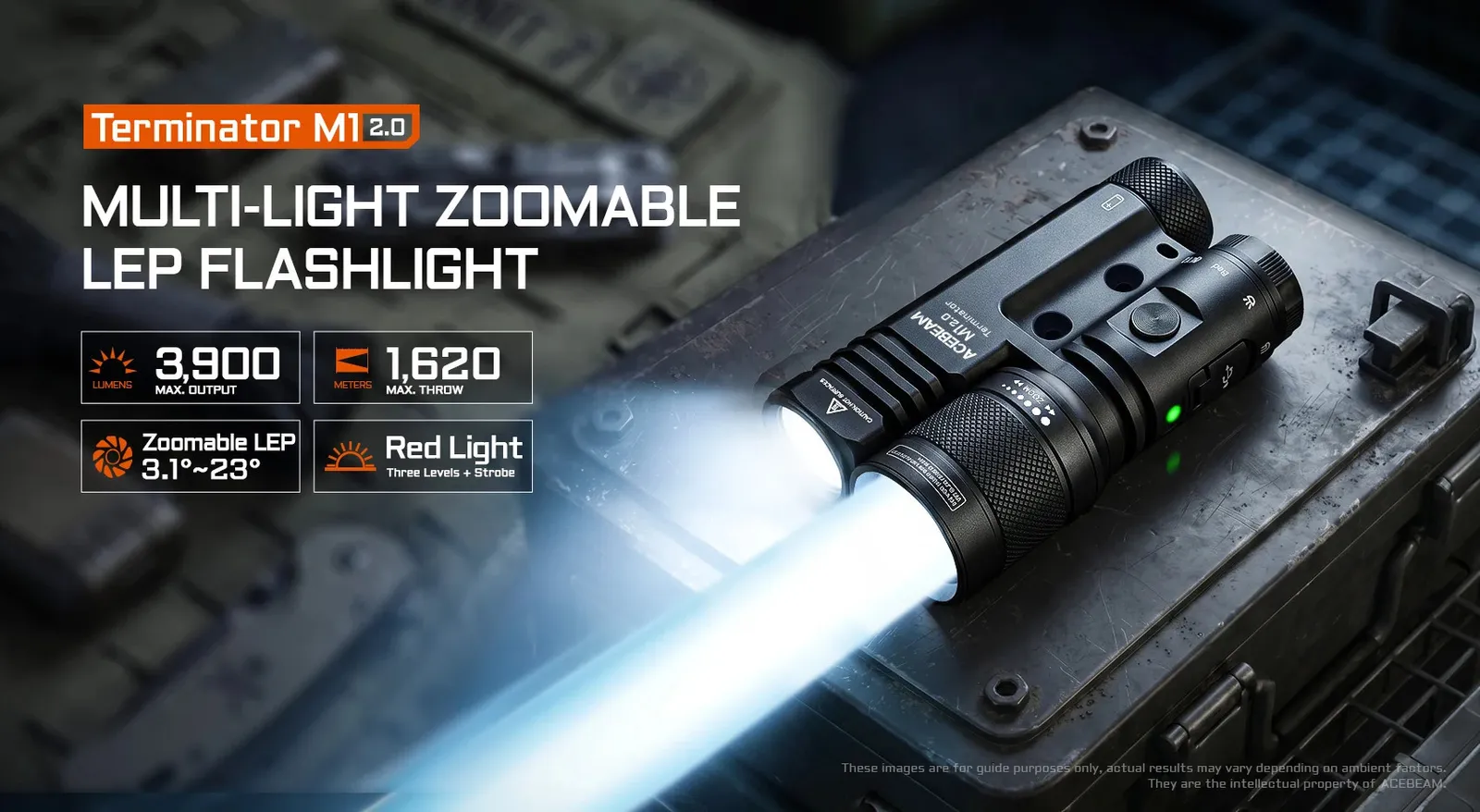 Acebeam Terminator M1 2.0 multi-light zoomable LEP flashlight with 3900 lumens and 1620 meters throw, showing bright beams.