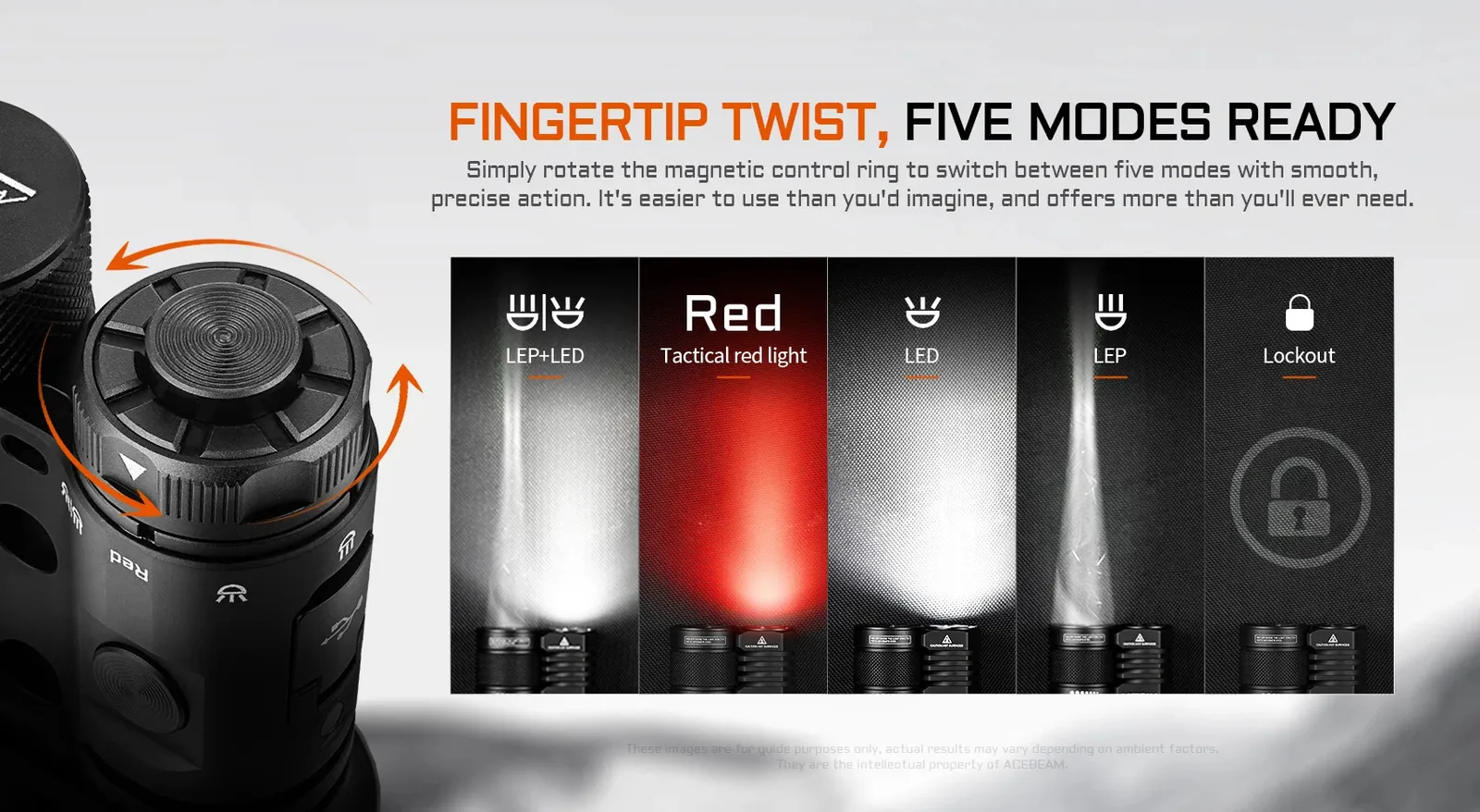 Acebeam Terminator M1 2.0 flashlight's magnetic control ring demonstrating five modes: LEP+LED, Red, LED, LEP, and Lockout.