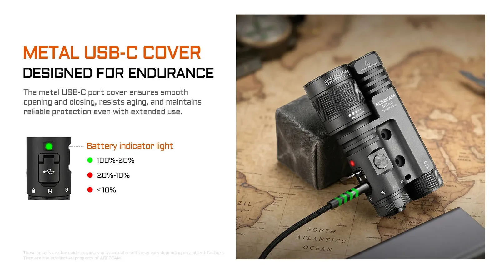 Close-up of Acebeam Terminator M1 2.0 flashlight showing its durable metal USB-C charging port and battery indicator light.