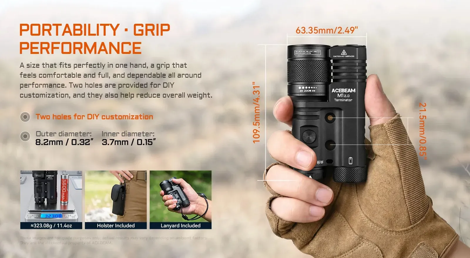 Hand holding Acebeam Terminator M1 2.0 - 1.6km Zoomable LEP Spotlight and LED Floodlight with Red, showing dimensions and portability.