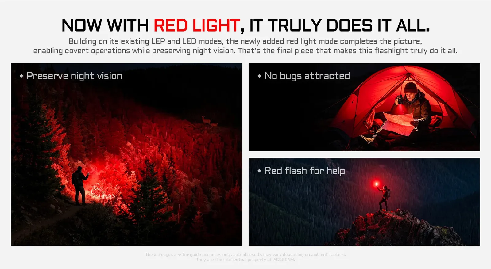 Acebeam Terminator M1 2.0 flashlight's red light mode preserving night vision, not attracting bugs, and used as a red flash for help.