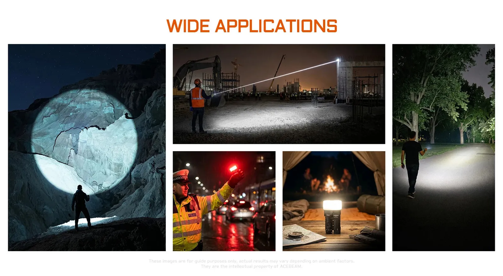 Collage of Acebeam Terminator M1 2.0 flashlight in various applications: cave, construction, police, camping, walking.