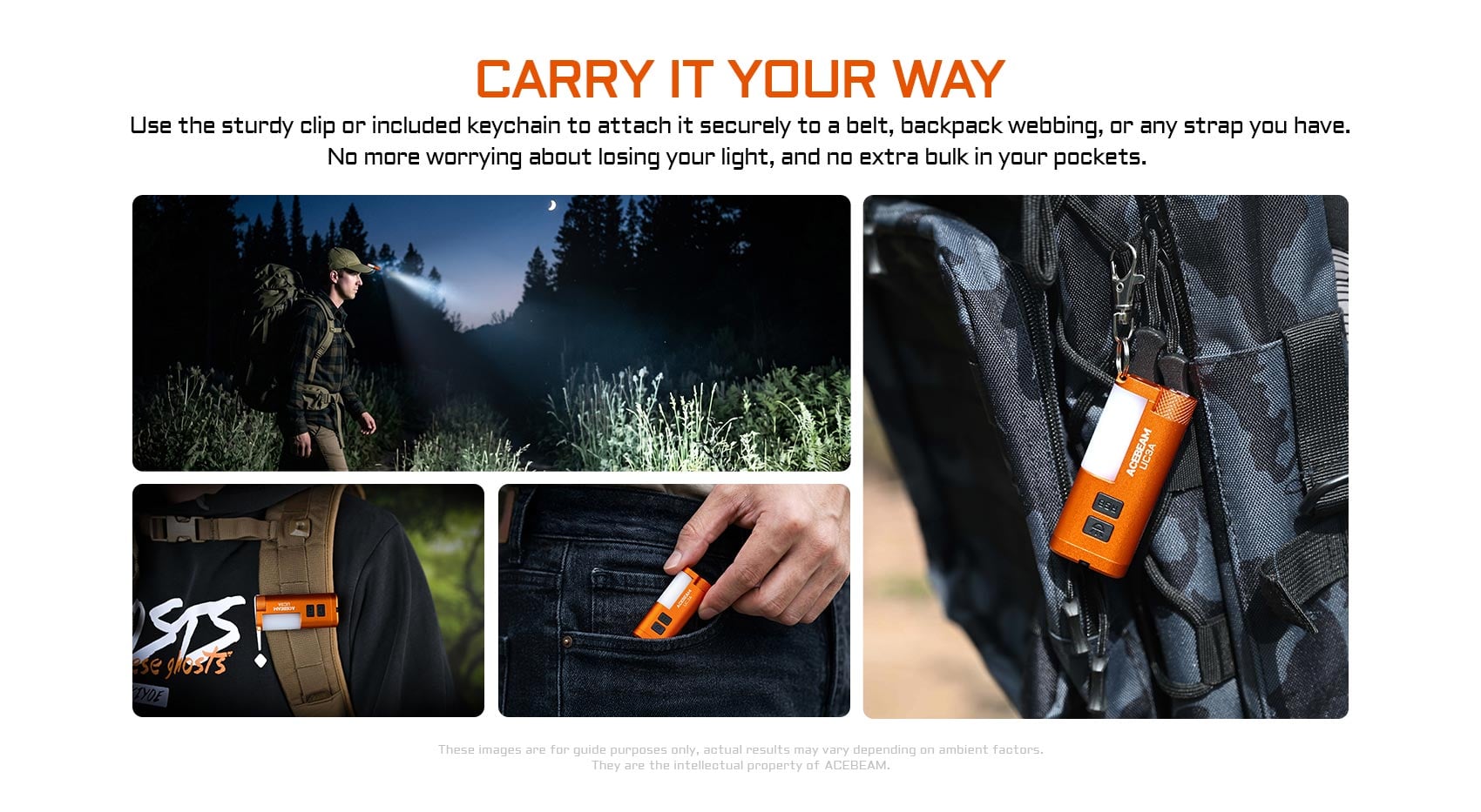 Acebeam UC3A flashlight shown with various carry options: attached to a backpack, belt clip, and in a pocket.