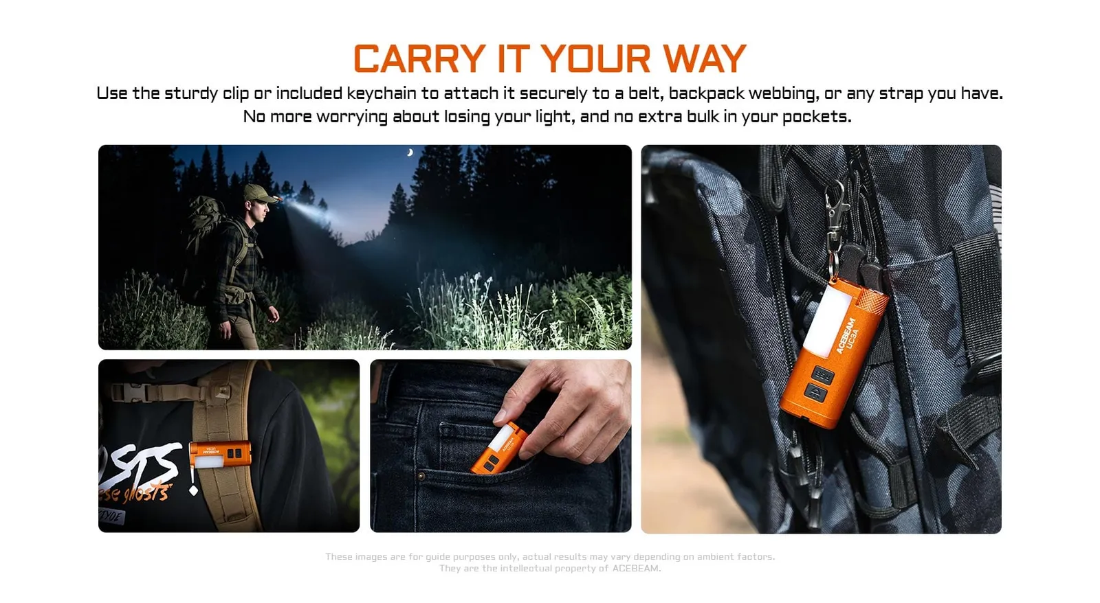 Various carry options for the Acebeam UC3A - Compact EDC Light with RGB Signals, including clip, keychain, and pocket carry.